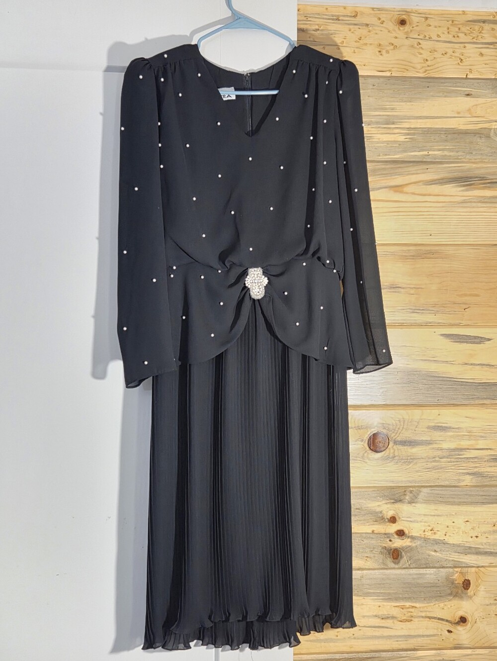 Vintage Patra Black Long Sleeve Beaded Pleated Midi Dress with Shoulder Pads
